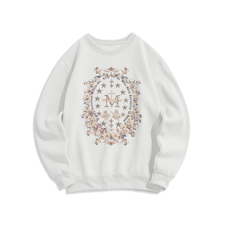 Christianartworkshop Modernes Sweatshirt mit Blumenmuster, Kreuz und Jungfrau Maria, gefüttert mit Polyester, Fleece-Futter - Weiß - 2XL - image 0