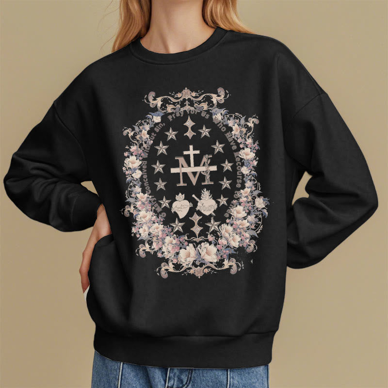 Christianartworkshop Moderner Stil Floral Kreuz Jungfrau Maria Fleece gefüttert Polyester Sweatshirt