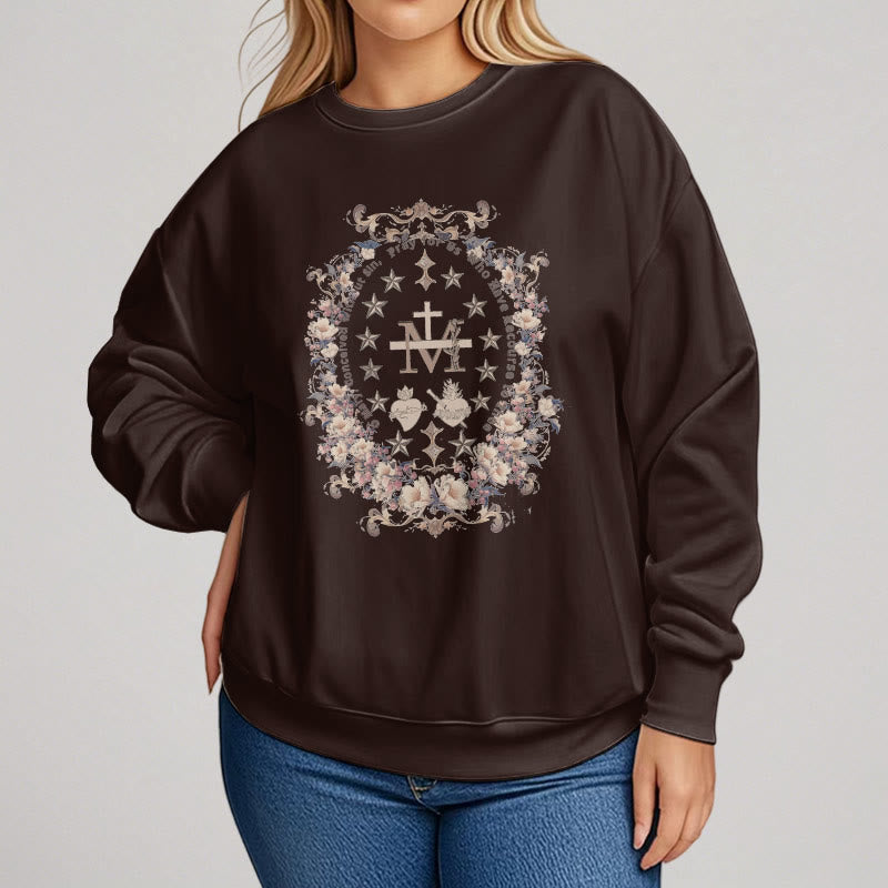 Christianartworkshop Moderner Stil Floral Kreuz Jungfrau Maria Fleece gefüttert Polyester Sweatshirt