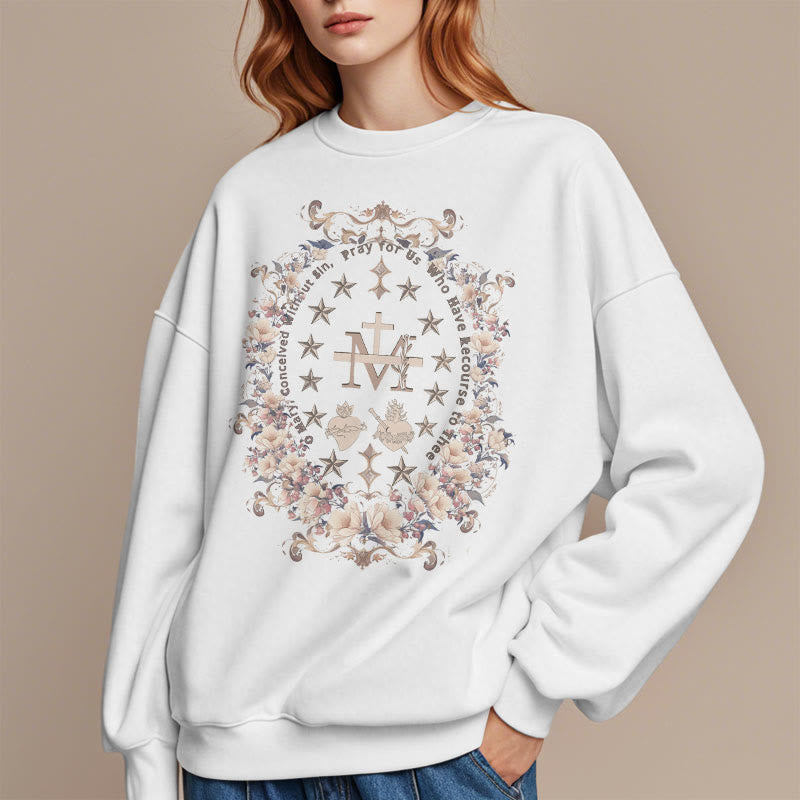 Christianartworkshop Moderner Stil Floral Kreuz Jungfrau Maria Fleece gefüttert Polyester Sweatshirt