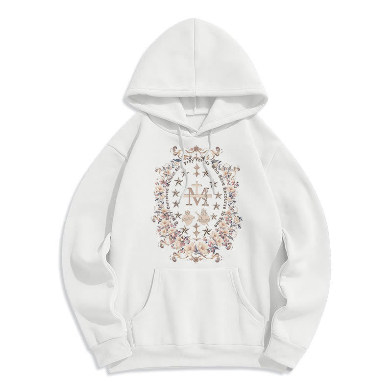 Christianartworkshop Moderner Kapuzenpullover aus Polyester mit Blumenkreuz und Jungfrau Maria, mit Fleecefutter
