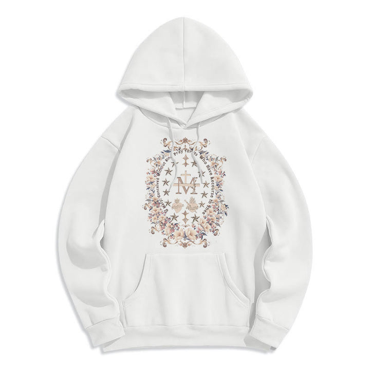 Christianartworkshop Moderner Kapuzenpullover aus Polyester mit Blumenkreuz und Jungfrau Maria, mit Fleecefutter