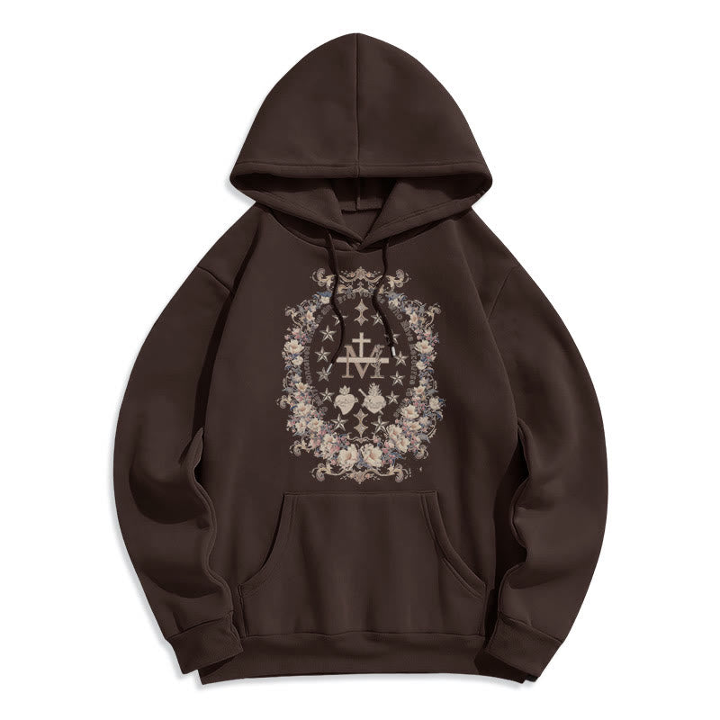 Christianartworkshop Moderner Kapuzenpullover aus Polyester mit Blumenkreuz und Jungfrau Maria, mit Fleecefutter