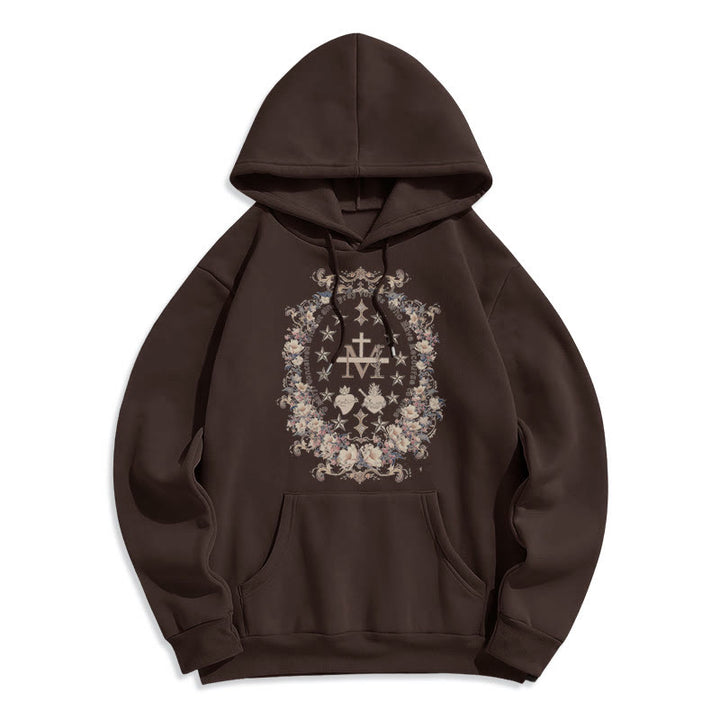 Christianartworkshop Moderner Kapuzenpullover aus Polyester mit Blumenkreuz und Jungfrau Maria, mit Fleecefutter