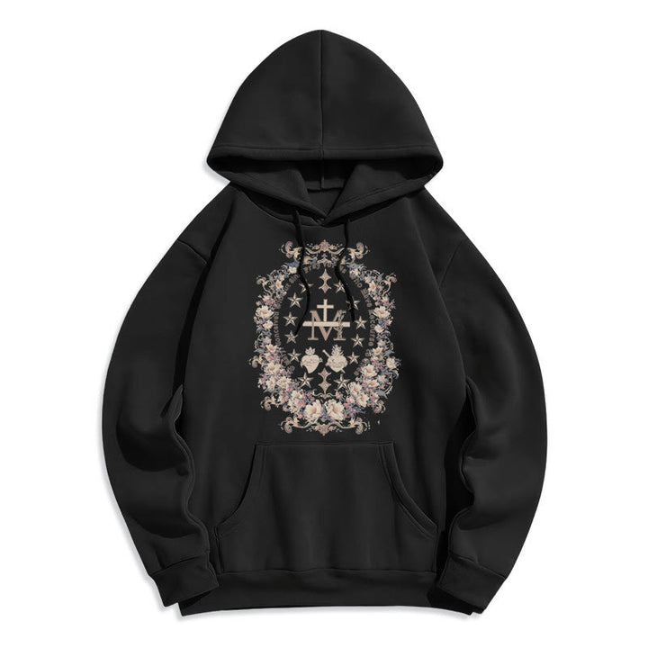 Christianartworkshop Moderner Kapuzenpullover aus Polyester mit Blumenkreuz und Jungfrau Maria, mit Fleecefutter