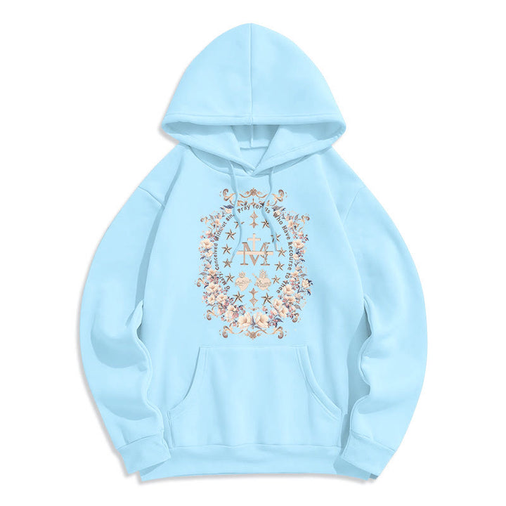 Christianartworkshop Moderner Kapuzenpullover aus Polyester mit Blumenkreuz und Jungfrau Maria, mit Fleecefutter