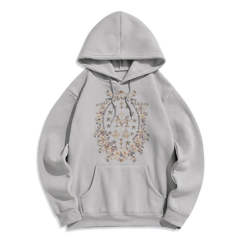 Christianartworkshop Moderner Kapuzenpullover aus Polyester mit Blumenkreuz und Jungfrau Maria, mit Fleecefutter