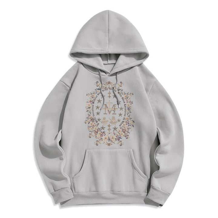 Christianartworkshop Moderner Kapuzenpullover aus Polyester mit Blumenkreuz und Jungfrau Maria, mit Fleecefutter