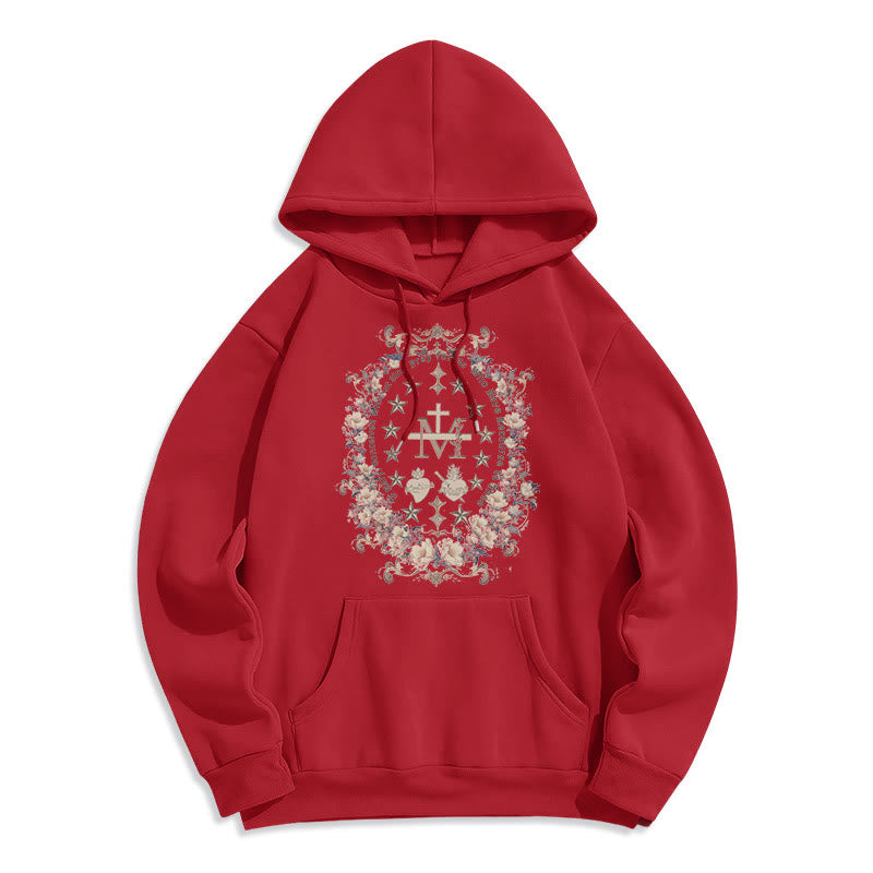 Christianartworkshop Moderner Kapuzenpullover aus Polyester mit Blumenkreuz und Jungfrau Maria, mit Fleecefutter