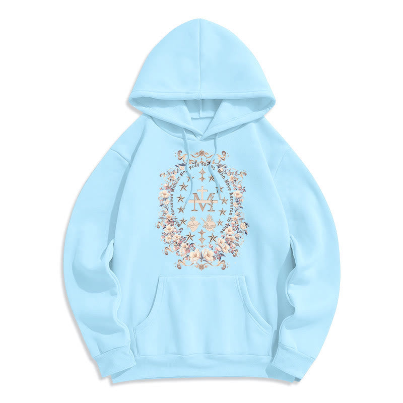 Christianartworkshop Moderner Kapuzenpullover aus Polyester mit Blumenkreuz und Jungfrau Maria, mit Fleecefutter - Blau - 2XL - image 0