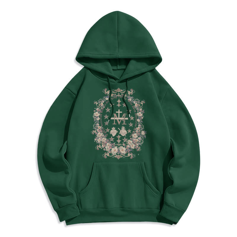 Christianartworkshop Moderner Kapuzenpullover aus Polyester mit Blumenkreuz und Jungfrau Maria, mit Fleecefutter