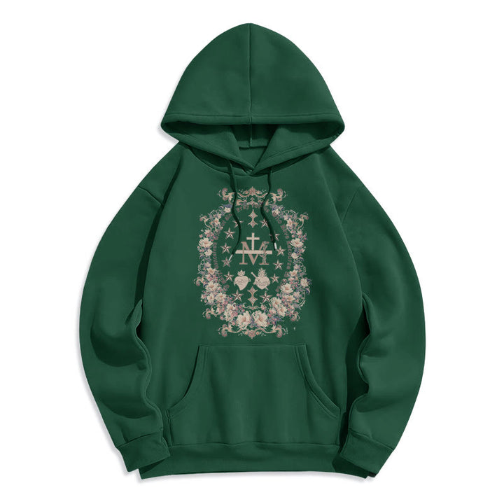 Christianartworkshop Moderner Kapuzenpullover aus Polyester mit Blumenkreuz und Jungfrau Maria, mit Fleecefutter