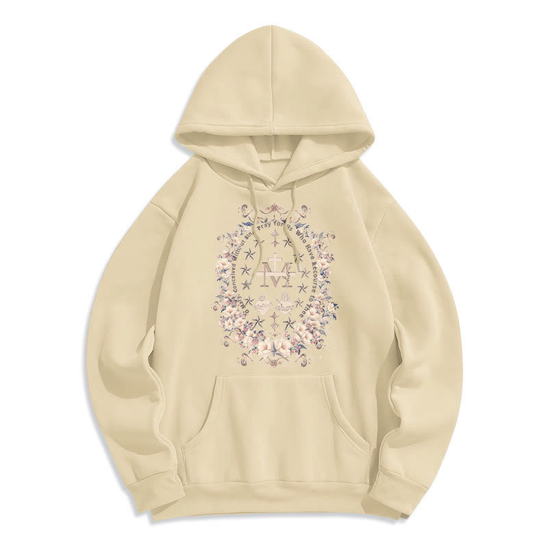 Christianartworkshop Moderner Kapuzenpullover aus Polyester mit Blumenkreuz und Jungfrau Maria, mit Fleecefutter