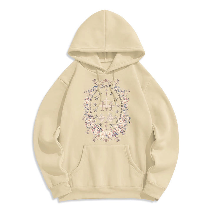 Christianartworkshop Moderner Kapuzenpullover aus Polyester mit Blumenkreuz und Jungfrau Maria, mit Fleecefutter