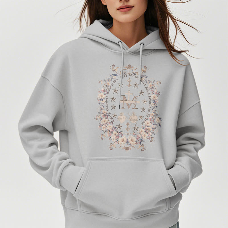 Christianartworkshop Moderner Kapuzenpullover aus Polyester mit Blumenkreuz und Jungfrau Maria, mit Fleecefutter