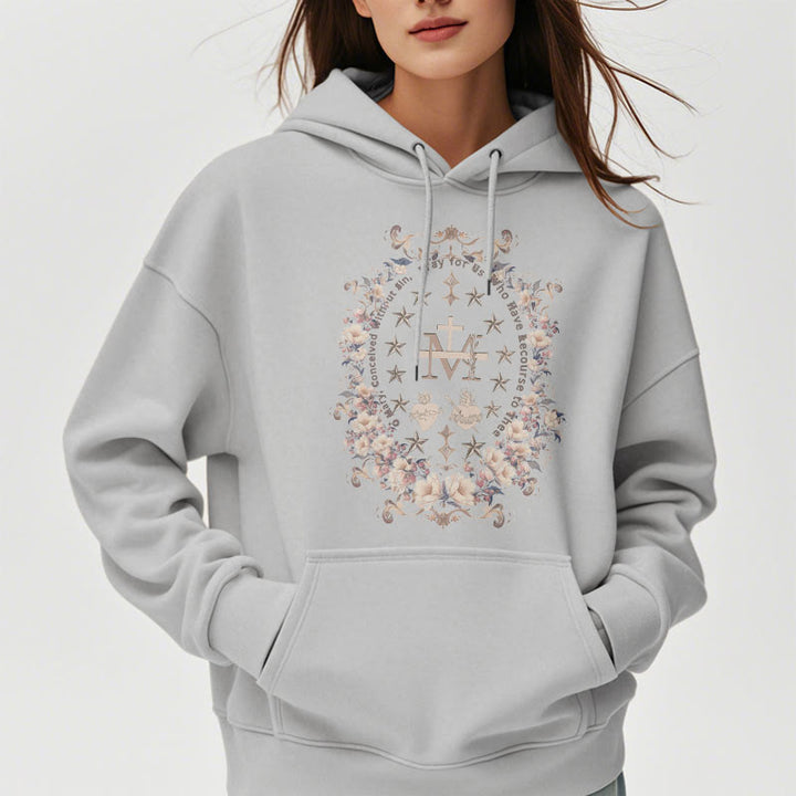 Christianartworkshop Moderner Kapuzenpullover aus Polyester mit Blumenkreuz und Jungfrau Maria, mit Fleecefutter