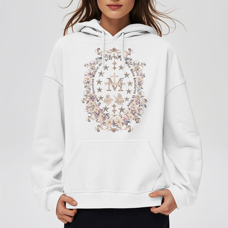 Christianartworkshop Moderner Kapuzenpullover aus Polyester mit Blumenkreuz und Jungfrau Maria, mit Fleecefutter