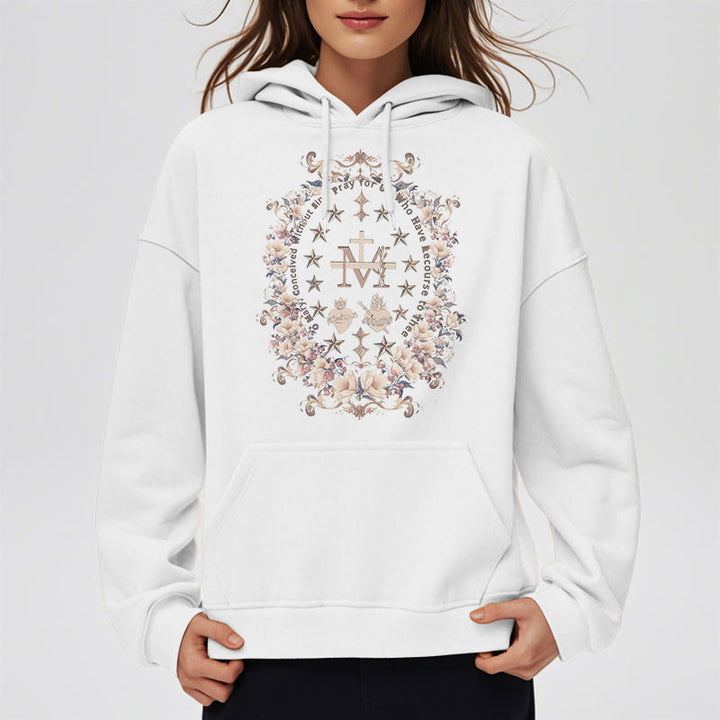 Christianartworkshop Moderner Kapuzenpullover aus Polyester mit Blumenkreuz und Jungfrau Maria, mit Fleecefutter