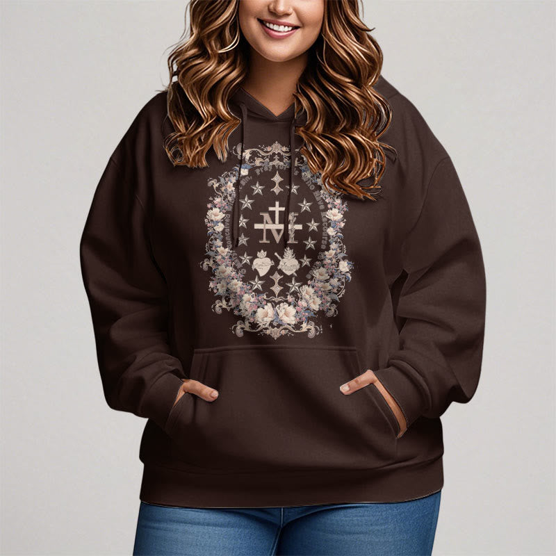 Christianartworkshop Moderner Kapuzenpullover aus Polyester mit Blumenkreuz und Jungfrau Maria, mit Fleecefutter