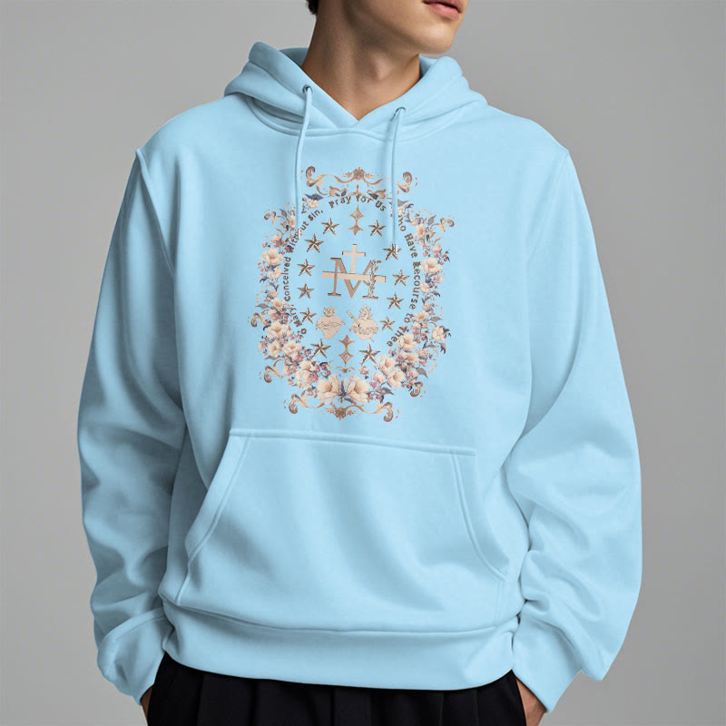 Christianartworkshop Moderner Kapuzenpullover aus Polyester mit Blumenkreuz und Jungfrau Maria, mit Fleecefutter
