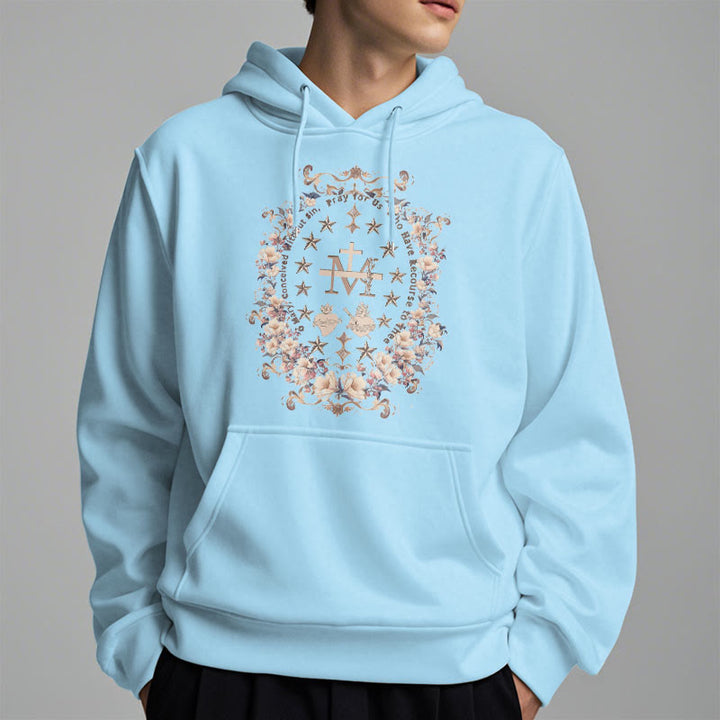 Christianartworkshop Moderner Kapuzenpullover aus Polyester mit Blumenkreuz und Jungfrau Maria, mit Fleecefutter