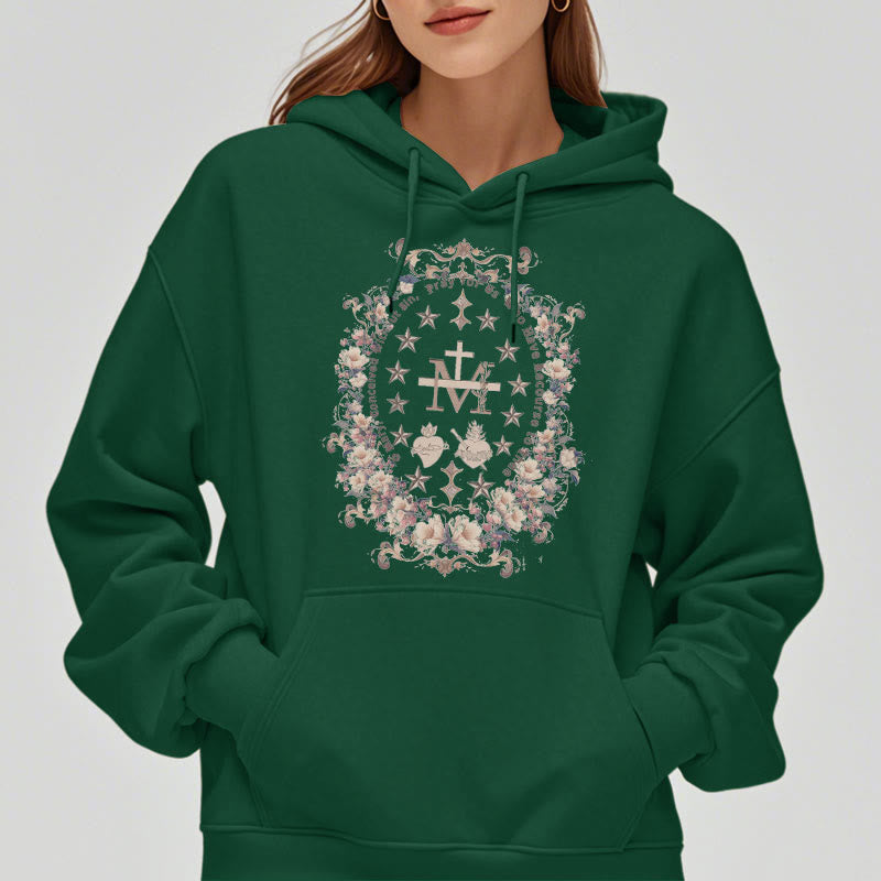 Christianartworkshop Moderner Kapuzenpullover aus Polyester mit Blumenkreuz und Jungfrau Maria, mit Fleecefutter