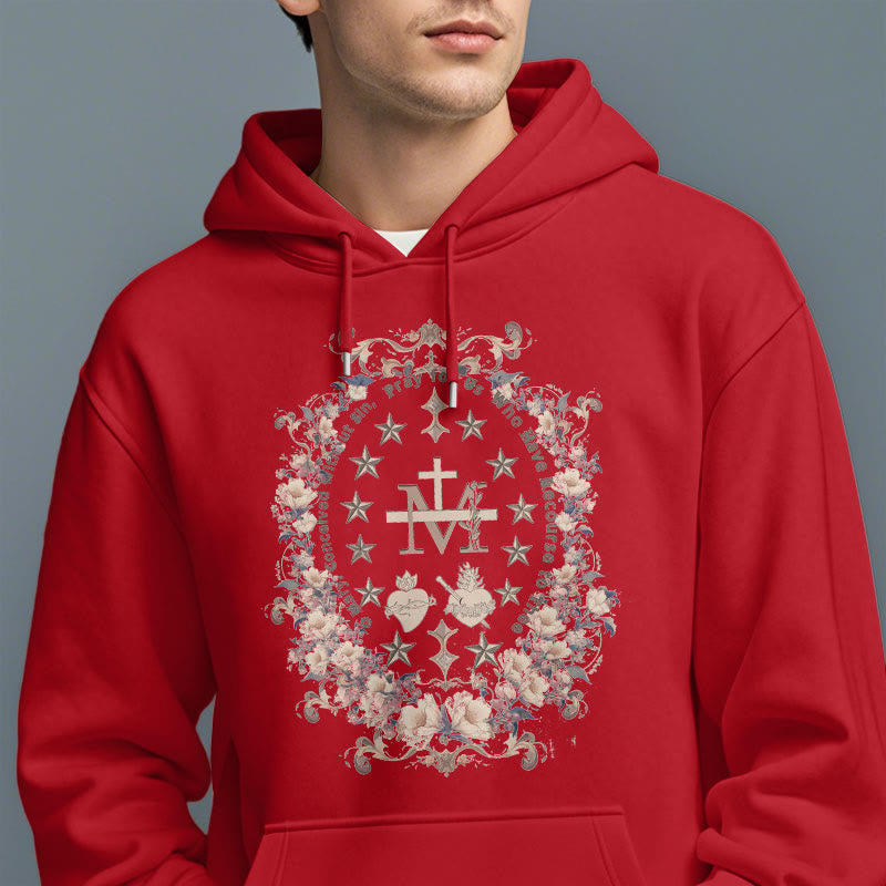 Christianartworkshop Moderner Kapuzenpullover aus Polyester mit Blumenkreuz und Jungfrau Maria, mit Fleecefutter