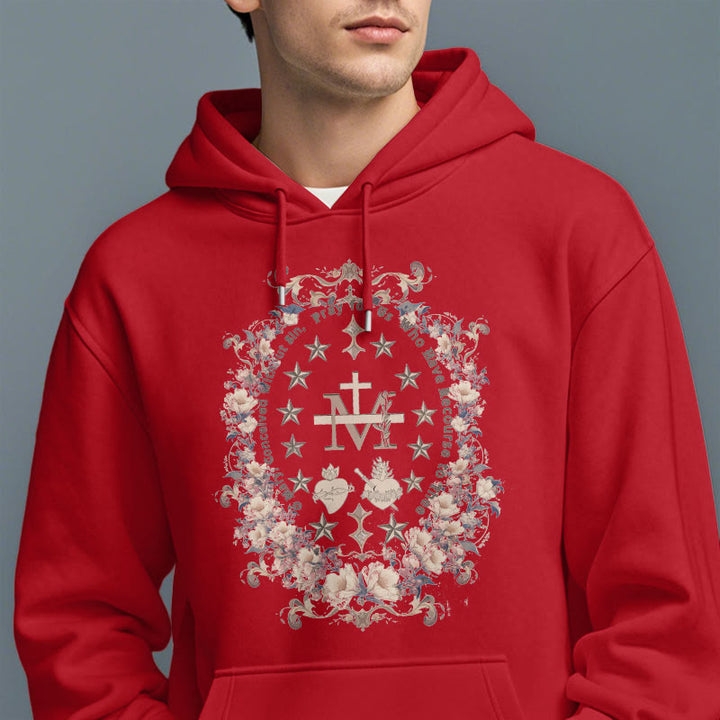 Christianartworkshop Moderner Kapuzenpullover aus Polyester mit Blumenkreuz und Jungfrau Maria, mit Fleecefutter
