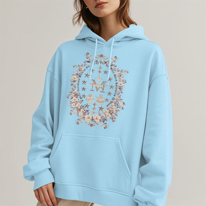 Christianartworkshop Moderner Kapuzenpullover aus Polyester mit Blumenkreuz und Jungfrau Maria, mit Fleecefutter