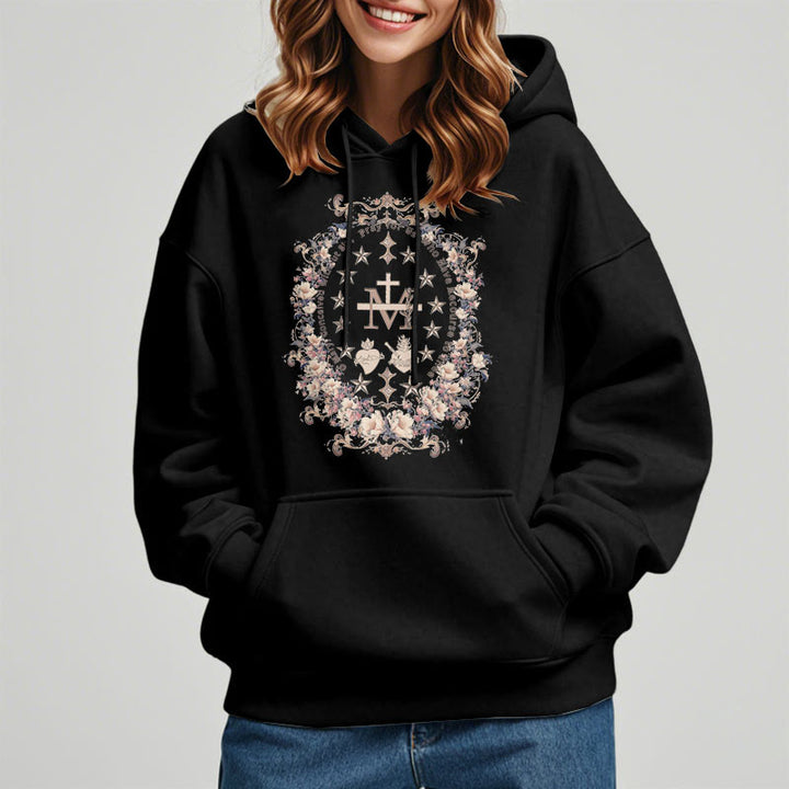 Christianartworkshop Moderner Kapuzenpullover aus Polyester mit Blumenkreuz und Jungfrau Maria, mit Fleecefutter