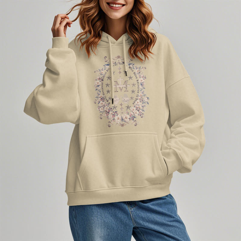 Christianartworkshop Moderner Kapuzenpullover aus Polyester mit Blumenkreuz und Jungfrau Maria, mit Fleecefutter