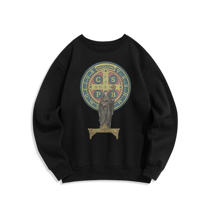 Christianartworkshop Sweatshirt aus Polyester im klassischen, farbigen Stil mit St. Benedikt-Medaillenstatue, mit Fleecefutter