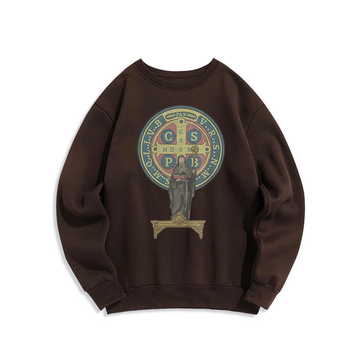 Christianartworkshop Sweatshirt aus Polyester im klassischen, farbigen Stil mit St. Benedikt-Medaillenstatue, mit Fleecefutter - Braun - 2XL - image 10
