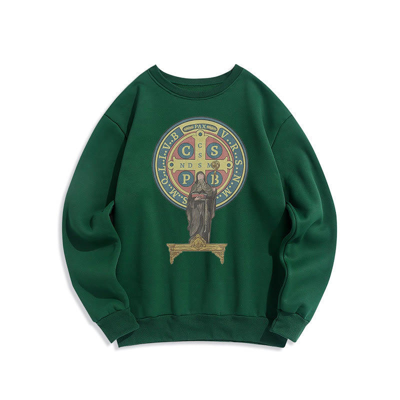 Christianartworkshop Sweatshirt aus Polyester im klassischen, farbigen Stil mit St. Benedikt-Medaillenstatue, mit Fleecefutter