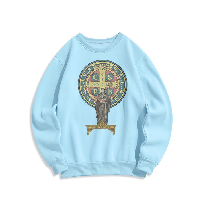 Christianartworkshop Sweatshirt aus Polyester im klassischen, farbigen Stil mit St. Benedikt-Medaillenstatue, mit Fleecefutter
