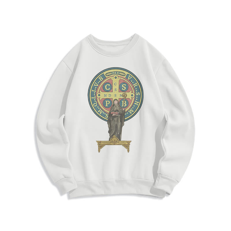 Christianartworkshop Sweatshirt aus Polyester im klassischen, farbigen Stil mit St. Benedikt-Medaillenstatue, mit Fleecefutter - Weiß - 2XL - image 6