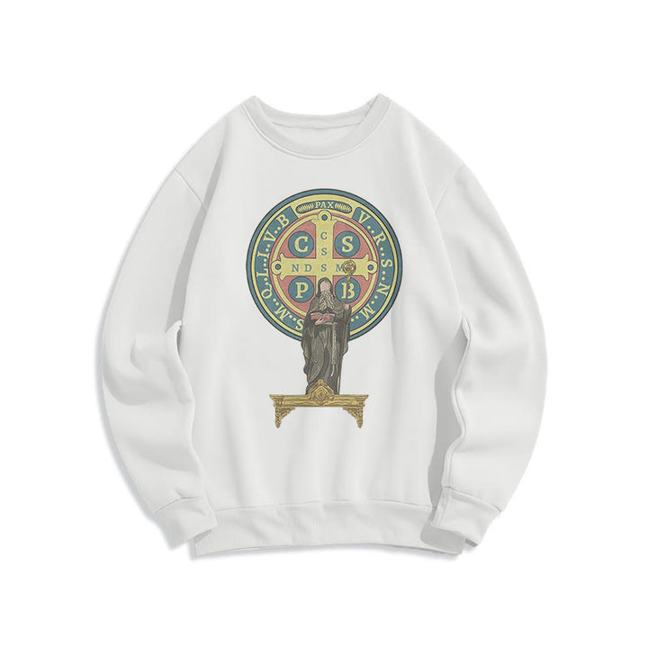 Christianartworkshop Sweatshirt aus Polyester im klassischen, farbigen Stil mit St. Benedikt-Medaillenstatue, mit Fleecefutter