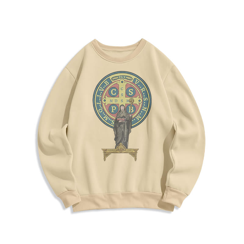 Christianartworkshop Sweatshirt aus Polyester im klassischen, farbigen Stil mit St. Benedikt-Medaillenstatue, mit Fleecefutter