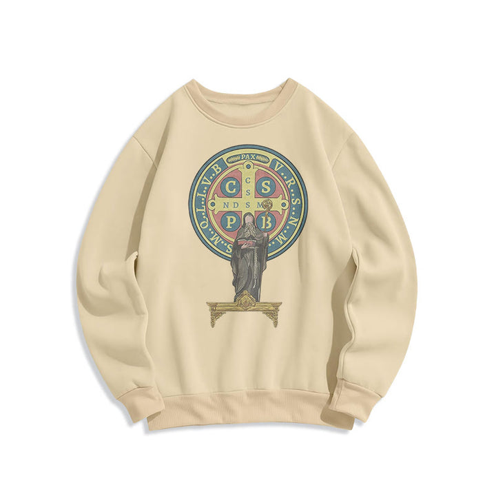 Christianartworkshop Sweatshirt aus Polyester im klassischen, farbigen Stil mit St. Benedikt-Medaillenstatue, mit Fleecefutter