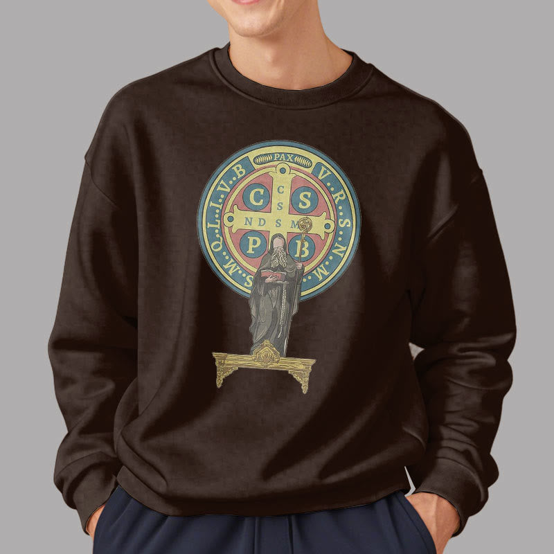 Christianartworkshop Sweatshirt aus Polyester im klassischen, farbigen Stil mit St. Benedikt-Medaillenstatue, mit Fleecefutter