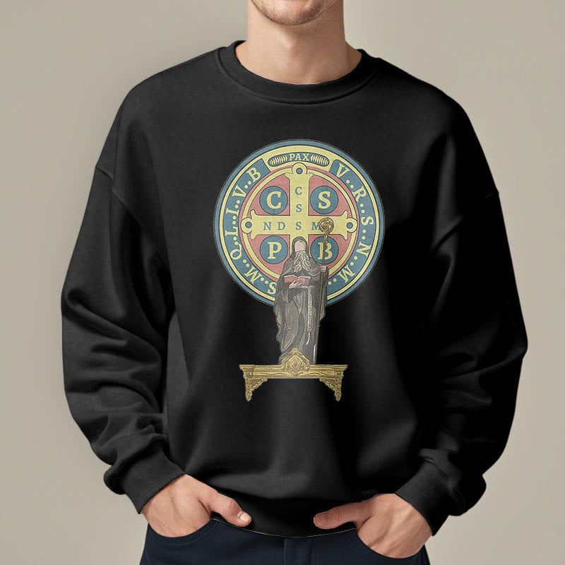 Christianartworkshop Sweatshirt aus Polyester im klassischen, farbigen Stil mit St. Benedikt-Medaillenstatue, mit Fleecefutter