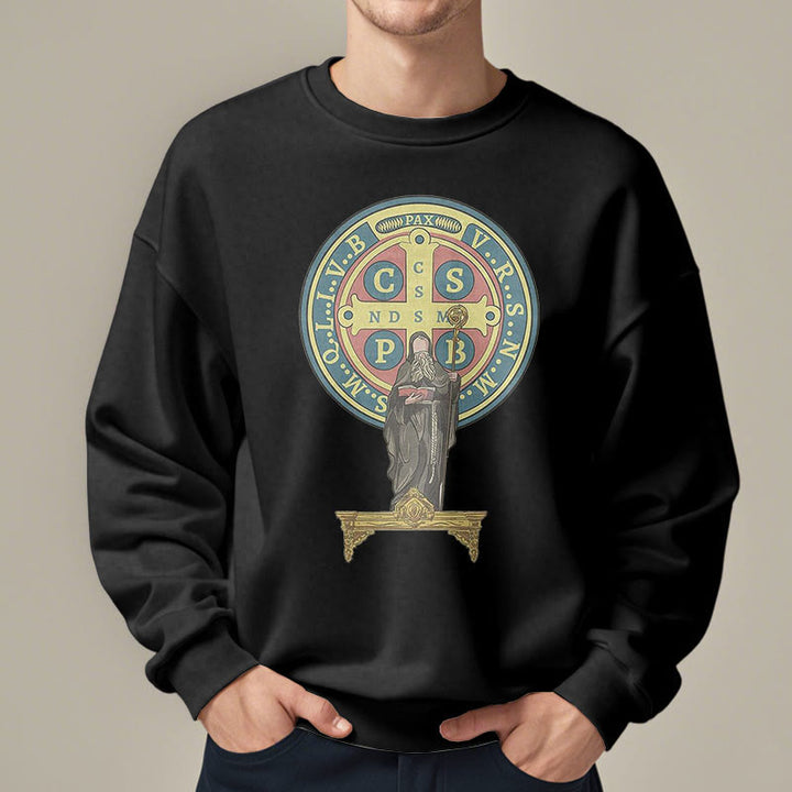 Christianartworkshop Sweatshirt aus Polyester im klassischen, farbigen Stil mit St. Benedikt-Medaillenstatue, mit Fleecefutter