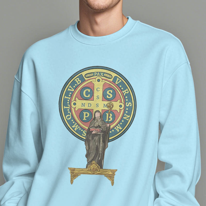 Christianartworkshop Sweatshirt aus Polyester im klassischen, farbigen Stil mit St. Benedikt-Medaillenstatue, mit Fleecefutter
