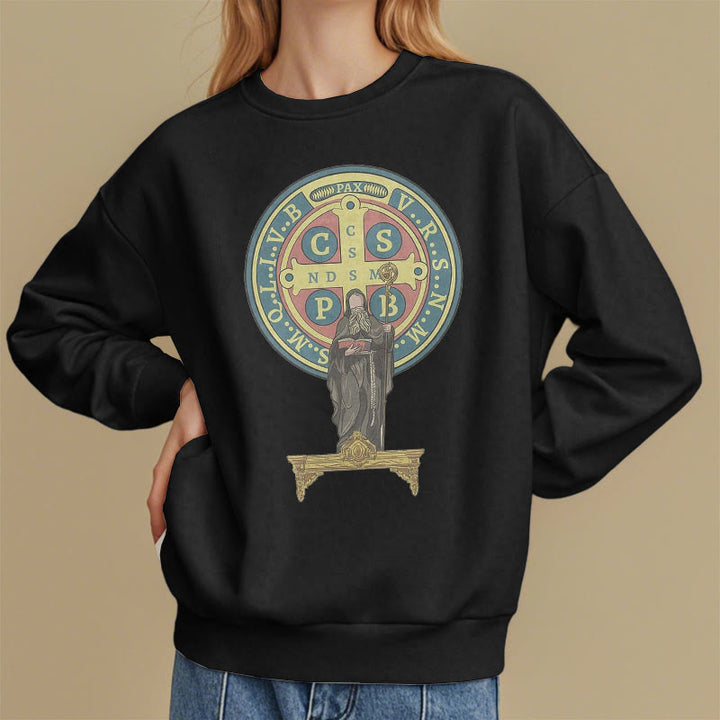 Christianartworkshop Sweatshirt aus Polyester im klassischen, farbigen Stil mit St. Benedikt-Medaillenstatue, mit Fleecefutter