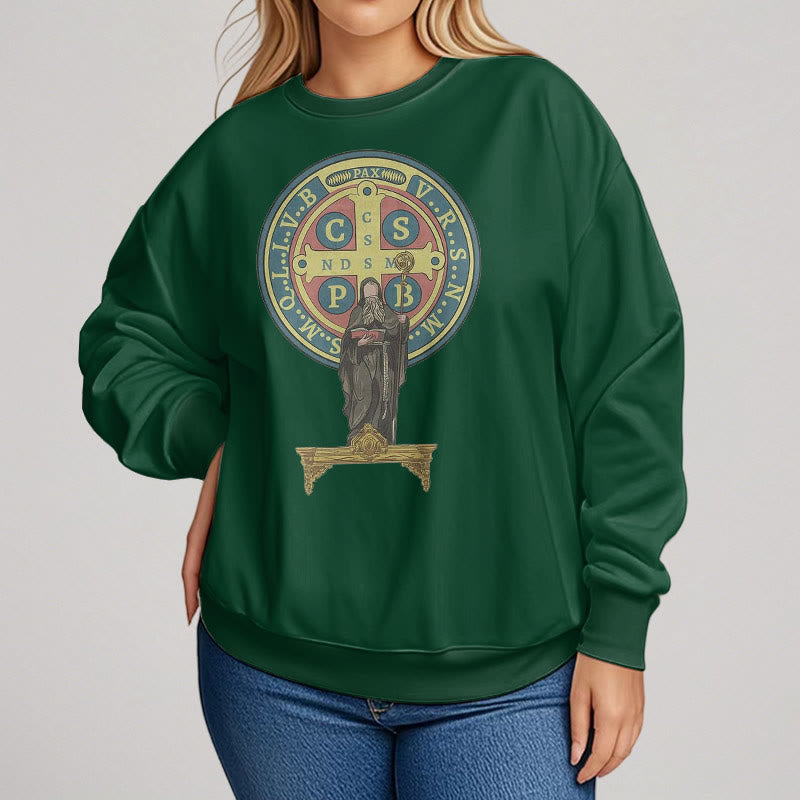 Christianartworkshop Sweatshirt aus Polyester im klassischen, farbigen Stil mit St. Benedikt-Medaillenstatue, mit Fleecefutter