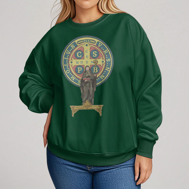 Christianartworkshop Sweatshirt aus Polyester im klassischen, farbigen Stil mit St. Benedikt-Medaillenstatue, mit Fleecefutter