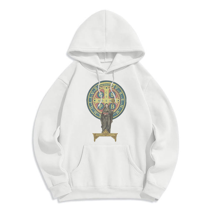 Christianartworkshop Kapuzenpullover aus Polyester im klassischen, farbigen Stil mit St. Benedikt-Medaillenstatue, mit Fleecefutter