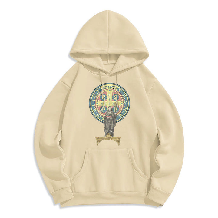 Christianartworkshop Kapuzenpullover aus Polyester im klassischen, farbigen Stil mit St. Benedikt-Medaillenstatue, mit Fleecefutter - Beige - 2XL - image 8
