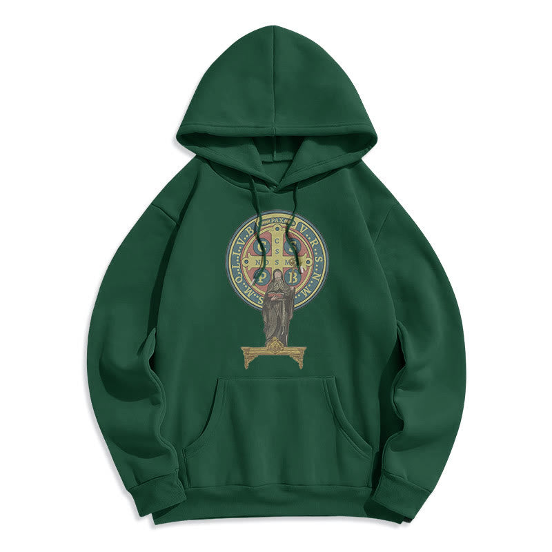 Christianartworkshop Kapuzenpullover aus Polyester im klassischen, farbigen Stil mit St. Benedikt-Medaillenstatue, mit Fleecefutter
