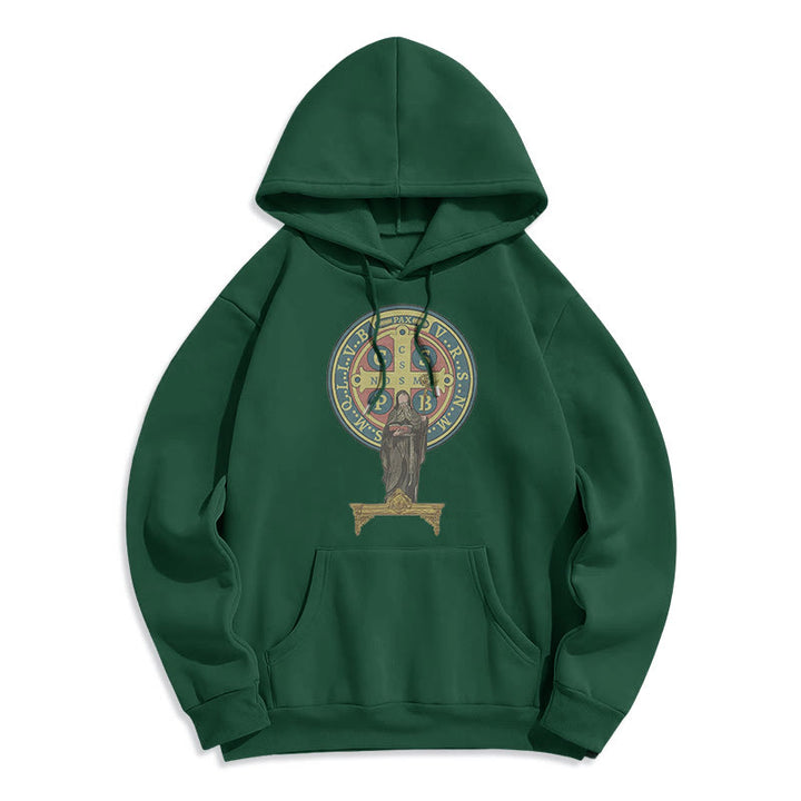 Christianartworkshop Kapuzenpullover aus Polyester im klassischen, farbigen Stil mit St. Benedikt-Medaillenstatue, mit Fleecefutter